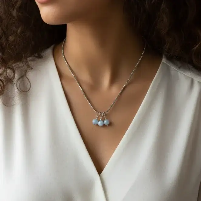 Collier 3 perles : Aigue - Marine, Célestine bleue, Agate bleue
