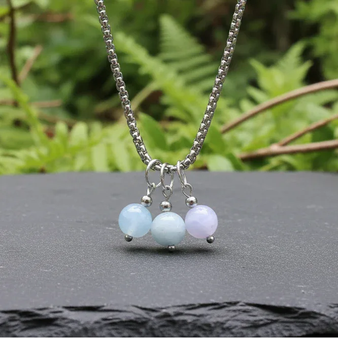Collier 3 perles : Aigue - Marine, Célestine bleue, Agate bleue