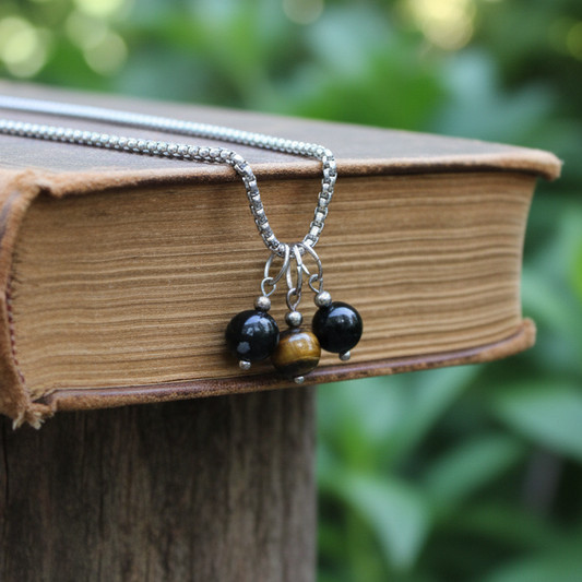 Collier 3 perles : Obsidienne mouchetée, Œil de Tigre et Obsidienne Œil Céleste