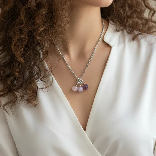 Collier 3 perles : Quartz rose, Kunzite et Tourmaline rose