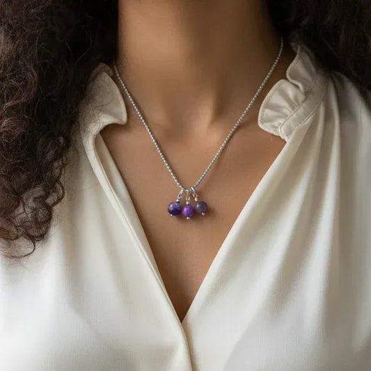 Collier 3 perles : Améthyste, Phosphosidérite et Lépidolite