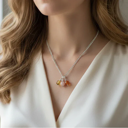 Collier 3 perles : Ambre, Pierre de Lune pêche et Cornaline