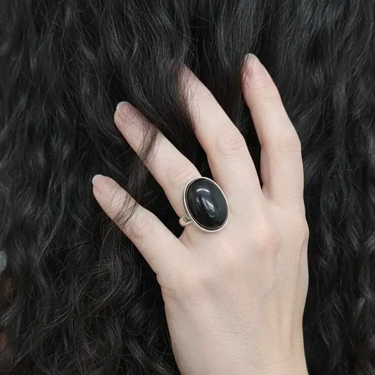 Bague réglable en Obsidienne noire et cuivre (BAG90)