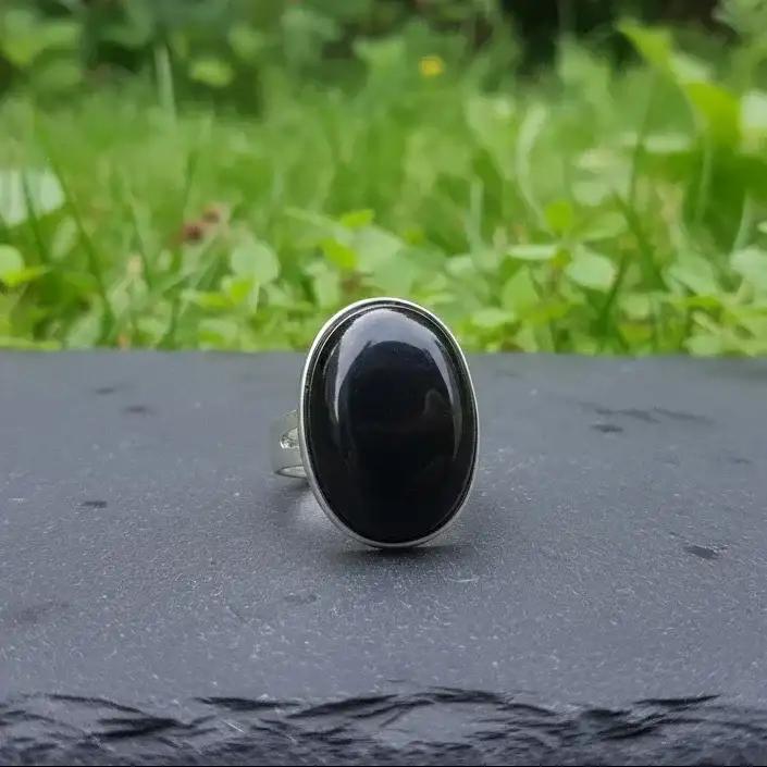 Bague réglable en Obsidienne noire et cuivre (BAG90)