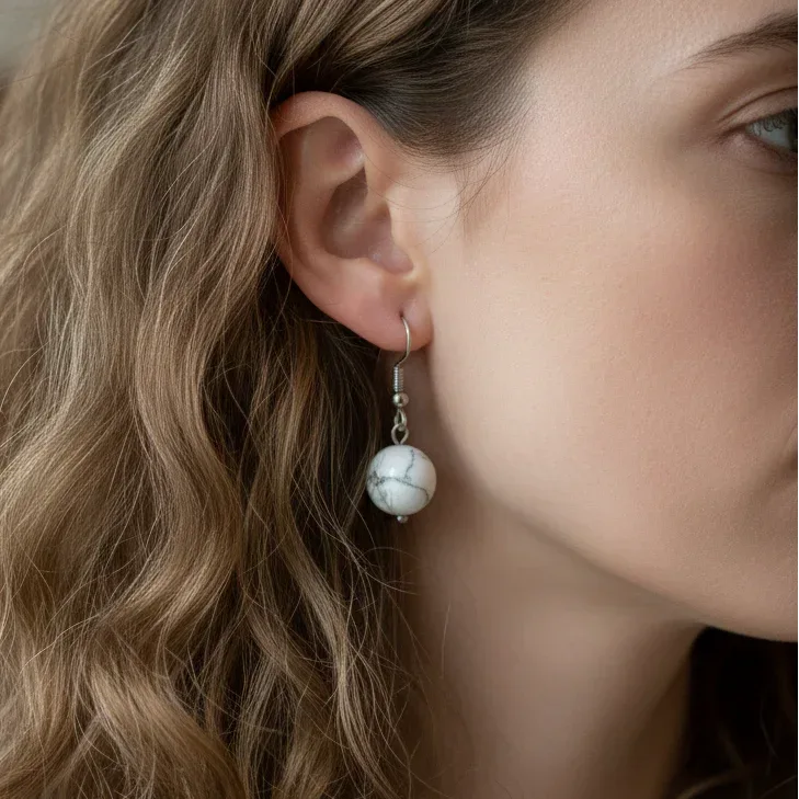 Boucles d'oreilles 1 perle en Howlite (BO241)