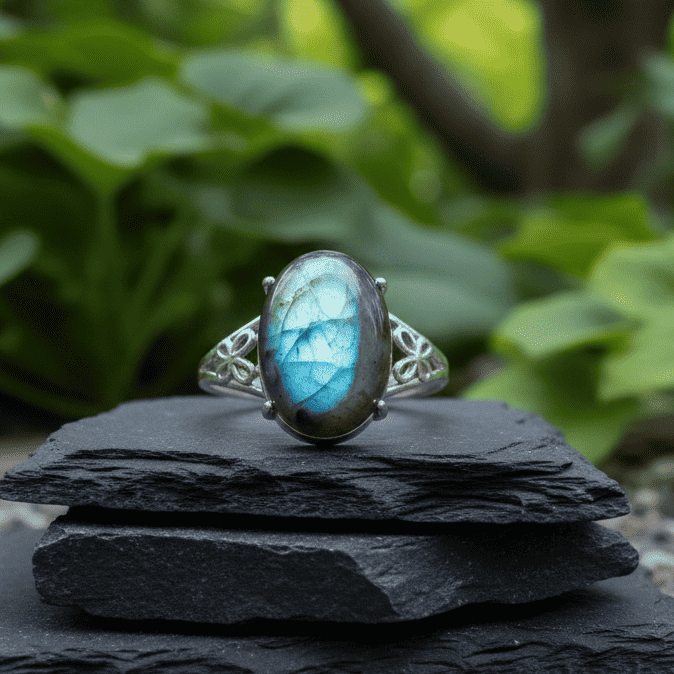 Bague réglable en Labradorite et cuivre (BAG92)