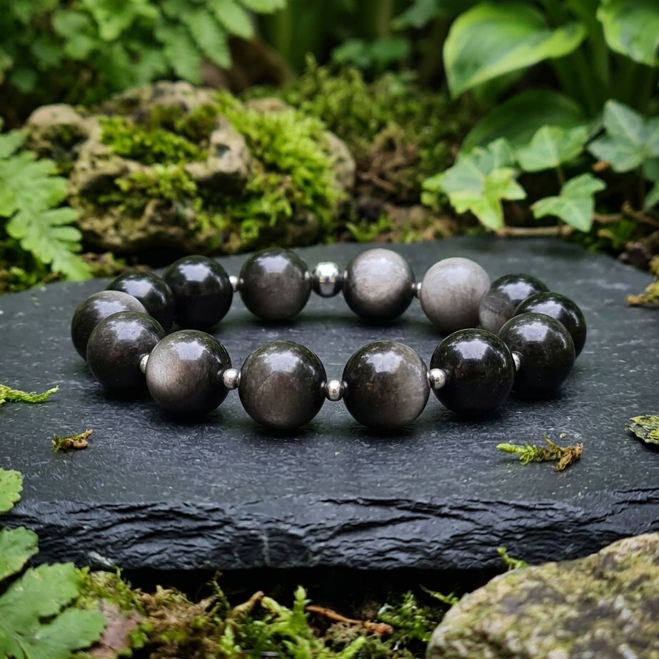 Bracelet en Obsidienne argentée 12mm