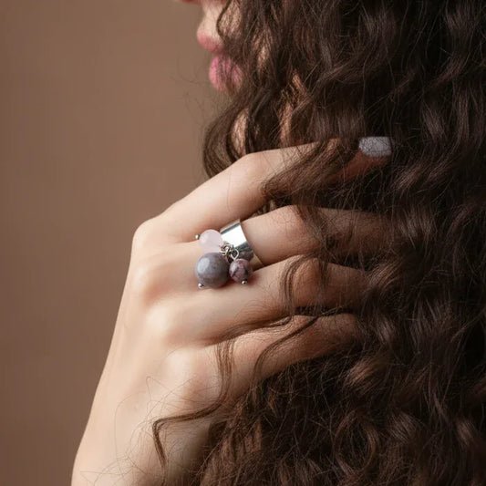 Bague réglable en Agate indienne, Rhodonite et Quartz rose (BAGA3P)