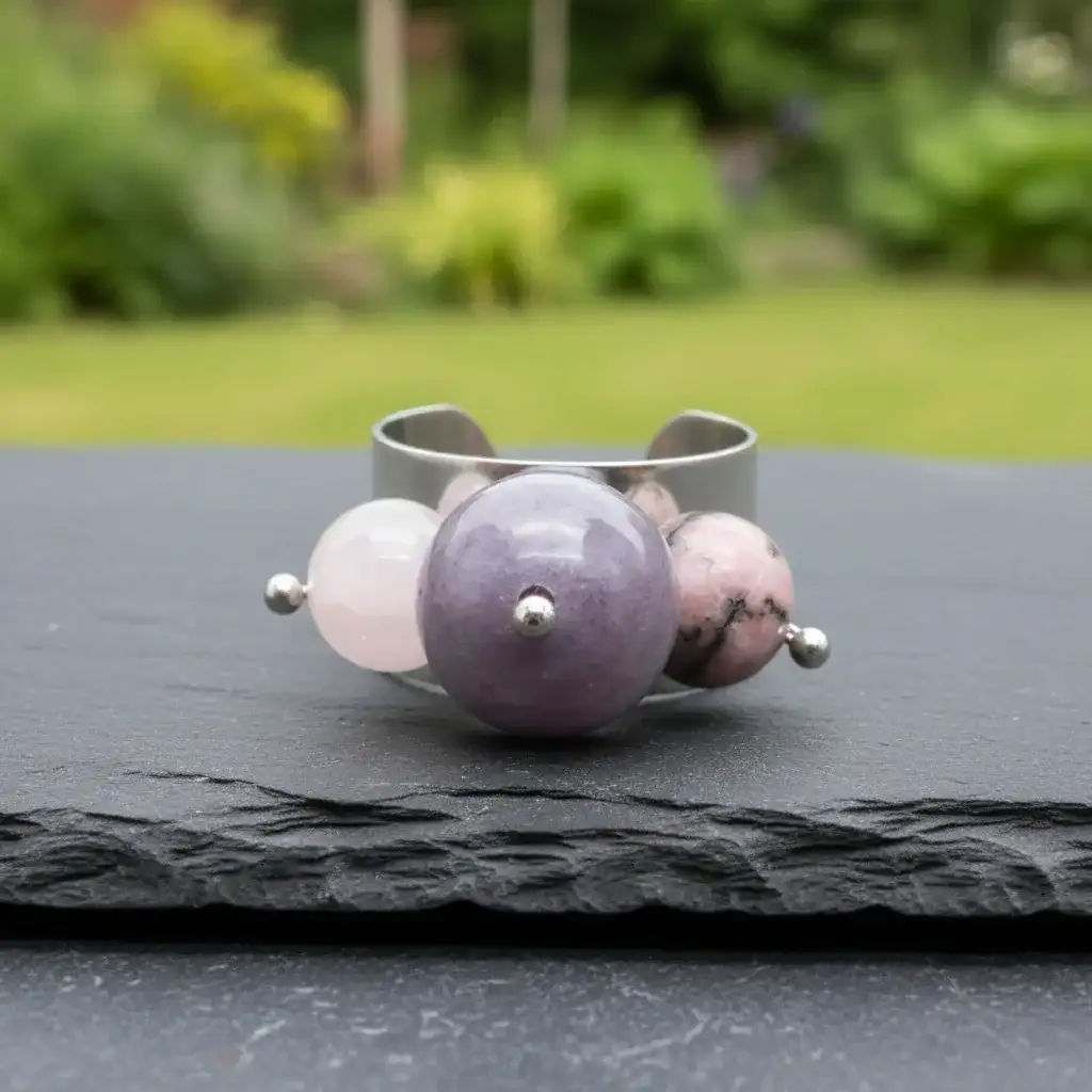 Bague réglable en Agate indienne, Rhodonite et Quartz rose (BAGA3P)