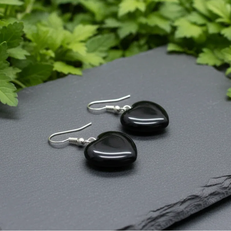 Boucles d'oreilles cœur en Obsidienne noire (BOC)