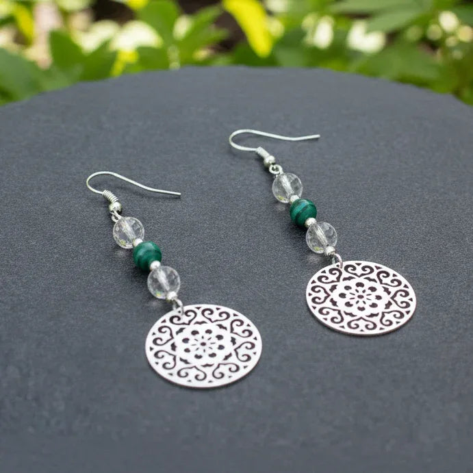 Boucles d'oreilles en perles de Malachite et Cristal de Roche (BO213)