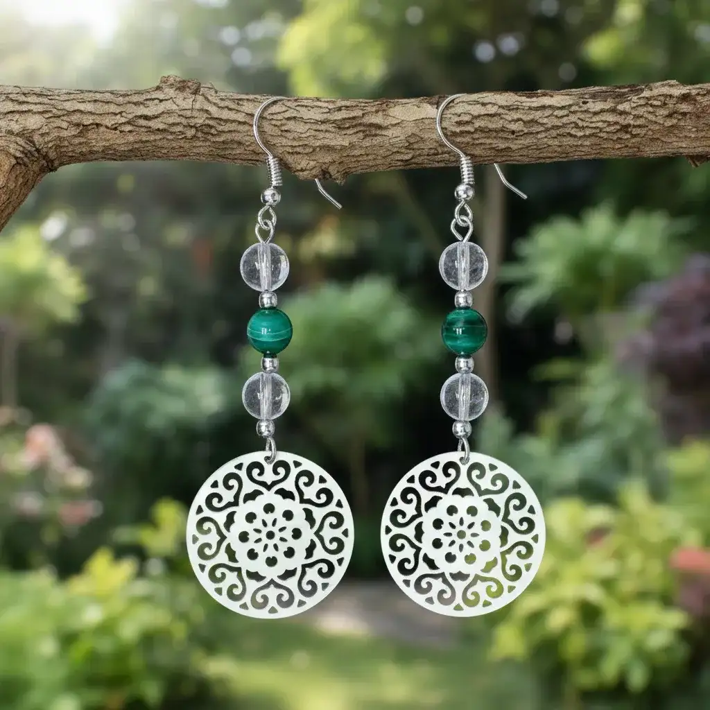 Boucles d'oreilles en perles de Malachite et Cristal de Roche (BO213)