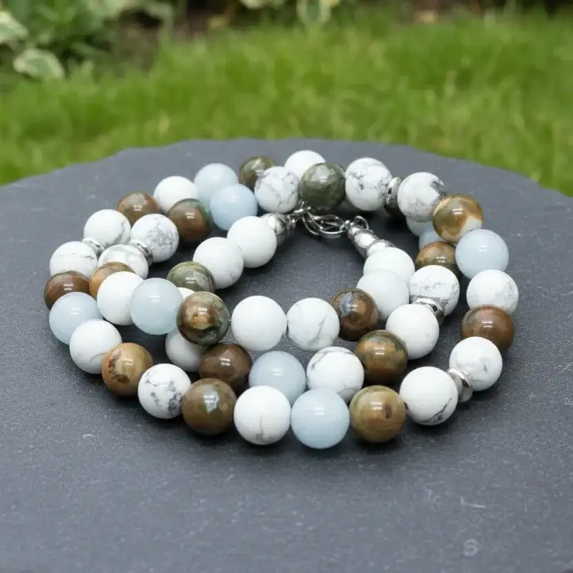 Bracelet triple tour et collier en Howlite, Rhyolite et Aigue - Marine (COLBR23 - 53)