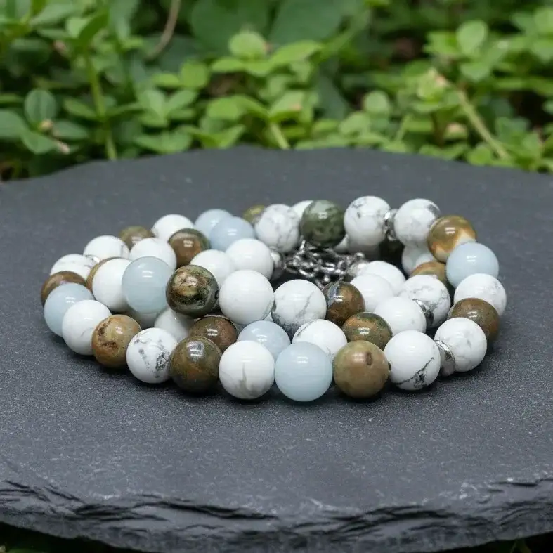 Bracelet triple tour et collier en Howlite, Rhyolite et Aigue - Marine (COLBR23 - 53)