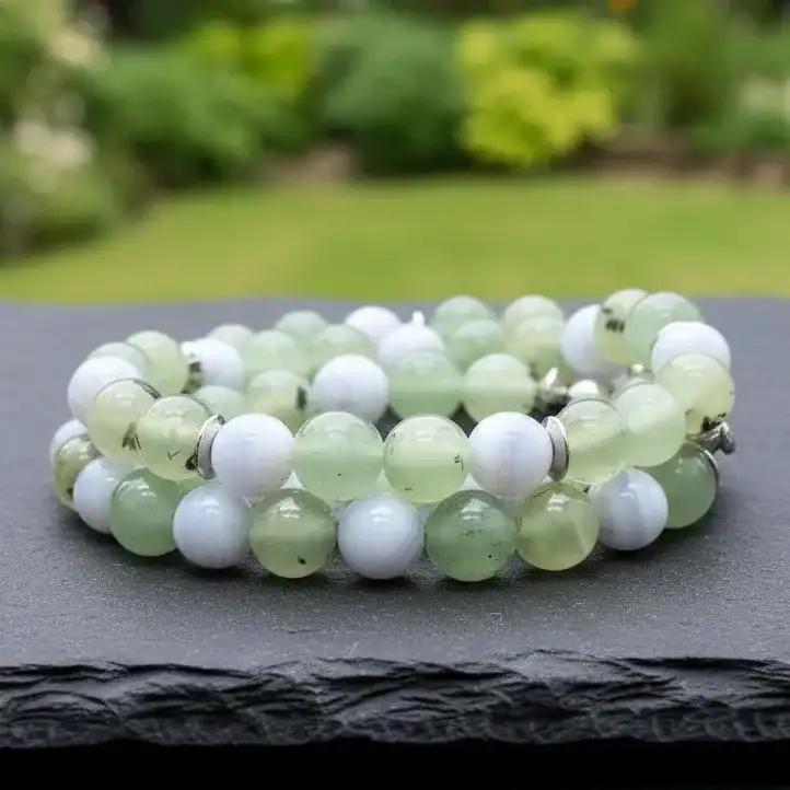 Bracelet triple tour et collier en Prehnite et Agate bleue (COLBR23 - 52)