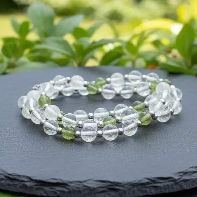 Bracelet triple tour et collier en Cristal de Roche et Péridot (COLBR23 - 56)