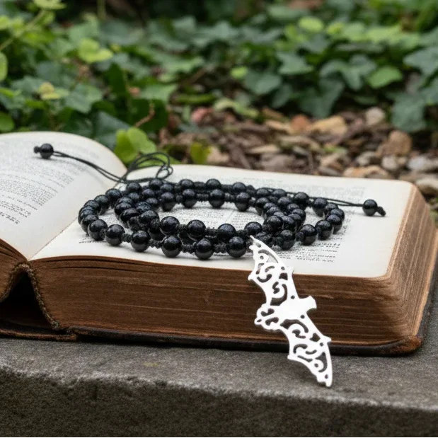Collier style Mala en Obsidienne noire et sa chauve - souris (COL23 - 50)