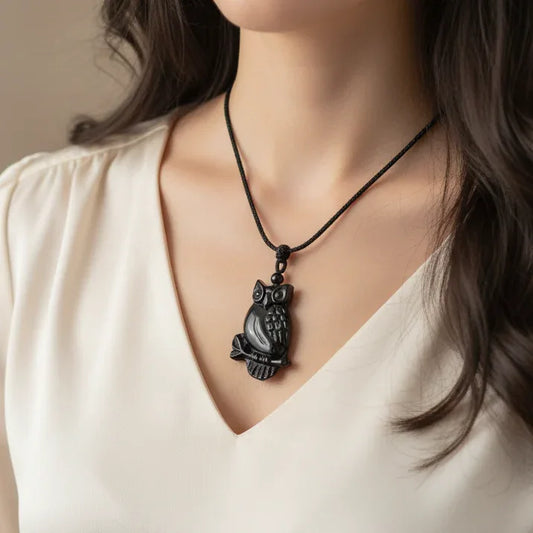 Pendentif chouette sur sa branche en Obsidienne noire (PE1296-7)