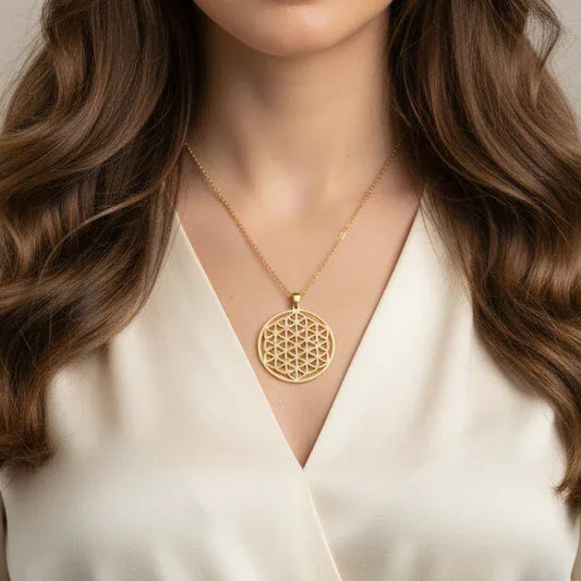Pendentif Fleur de Vie en acier inoxydable doré