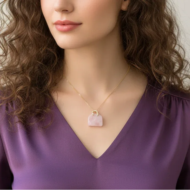 Pendentif Sac à main en Quartz rose (PE1835 - 1)
