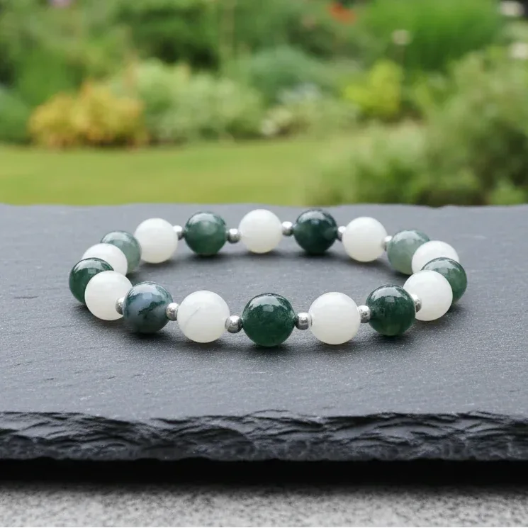 Bracelet en Agate mousse et Pierre de Lune blanche - 21
