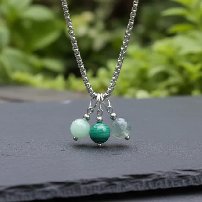 Collier 3 perles : Chrysoprase, Malachite, Agate mousse - ENAE Minéraux