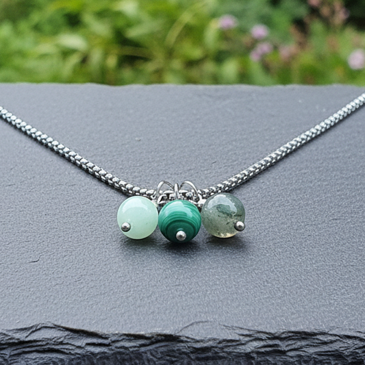 Collier 3 perles : Chrysoprase, Malachite, Agate mousse