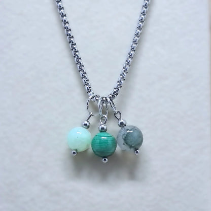 Collier 3 perles : Chrysoprase, Malachite, Agate mousse - ENAE Minéraux