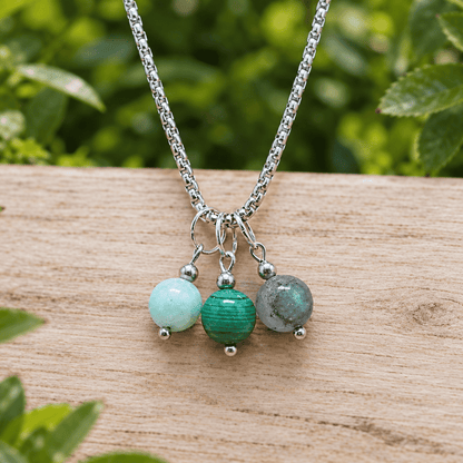 Collier 3 perles : Chrysoprase, Malachite, Agate mousse