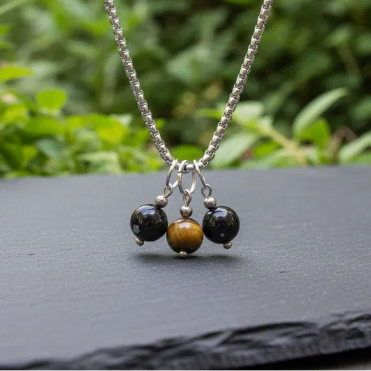 Collier 3 perles : Obsidienne mouchetée, Œil de Tigre et Obsidienne Œil Céleste - ENAE Minéraux