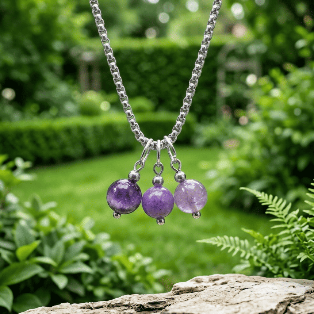 Collier 3 perles : Améthyste, Phosphosidérite et Lépidolite
