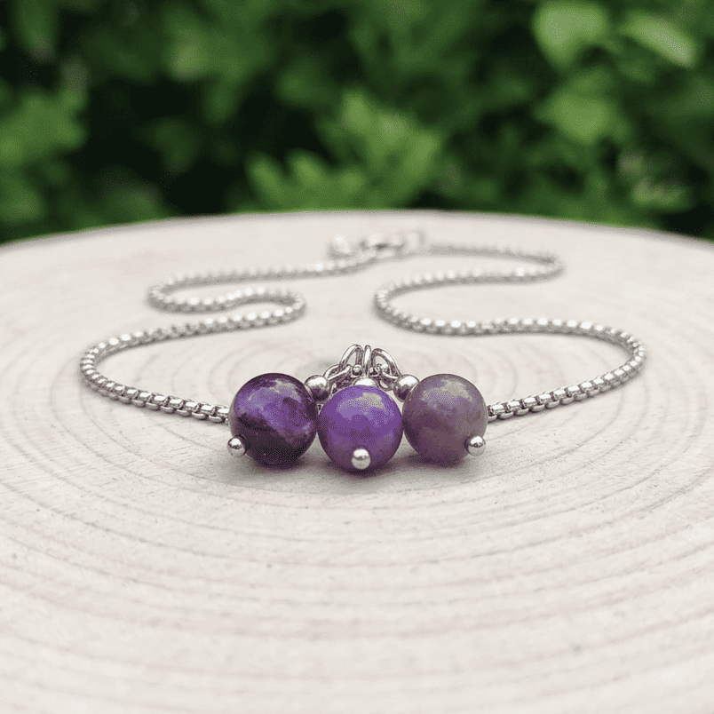 Collier 3 perles : Améthyste, Phosphosidérite et Lépidolite