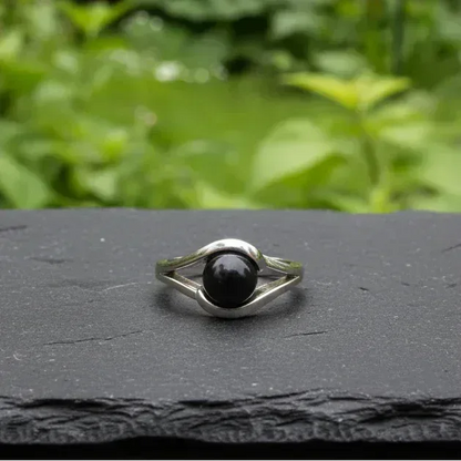Bague réglable en Obsidienne noire et acier inoxydable (BAG91)