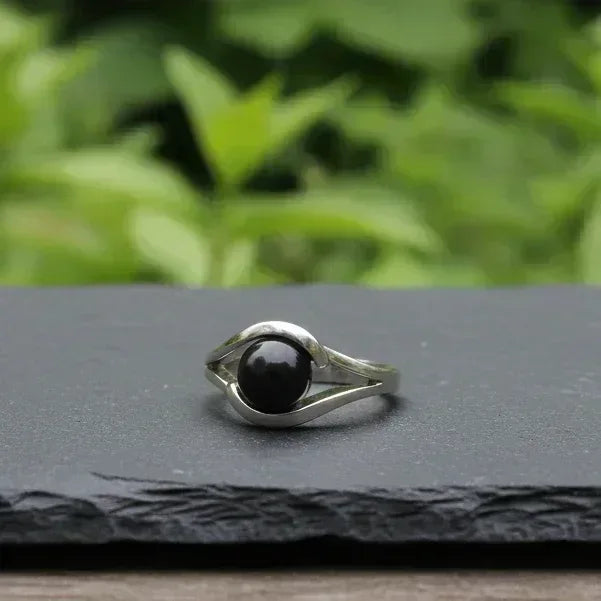 Bague réglable en Obsidienne noire et acier inoxydable (BAG91)