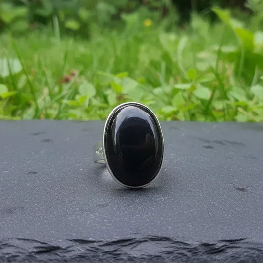 Bague réglable en Obsidienne noire et cuivre (BAG90)