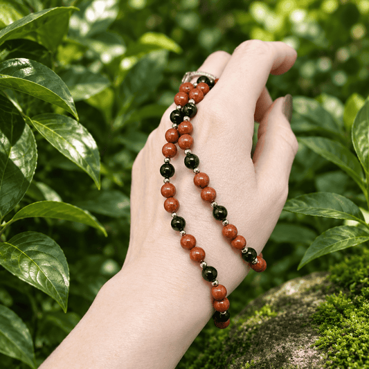 Bracelet triple tour et collier en Jaspe rouge et Hypersthène (COLBR23 - 55)