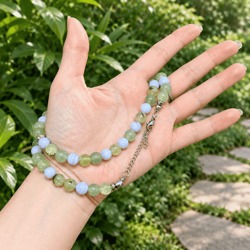 Bracelet triple tour et collier en Prehnite et Agate bleue (COLBR23 - 52)