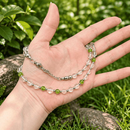 Bracelet triple tour et collier en Cristal de Roche et Péridot (COLBR23 - 56)
