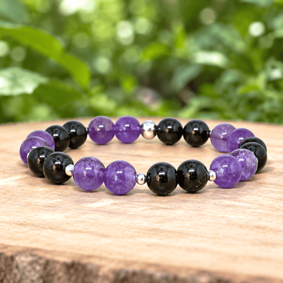 Bracelet en Améthyste et Tourmaline noire - 15 cm