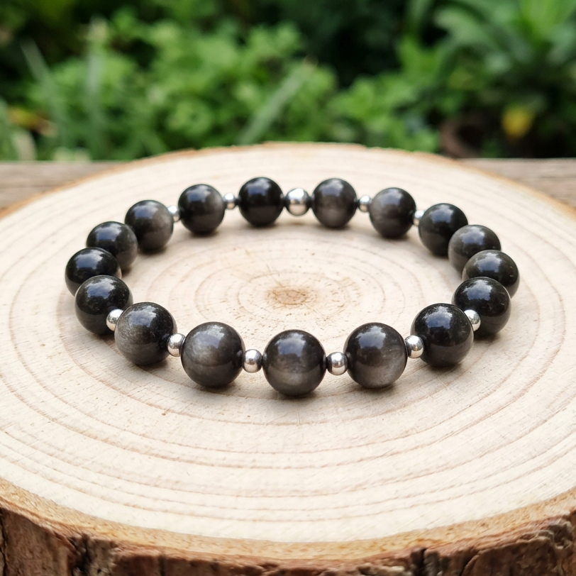 Bracelet en Obsidienne argentée 9mm