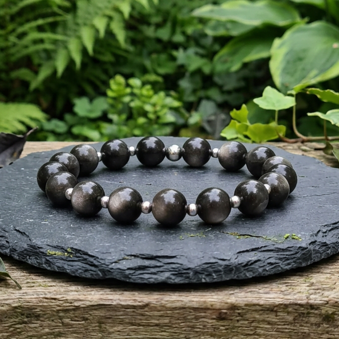 Bracelet en Obsidienne argentée 9mm