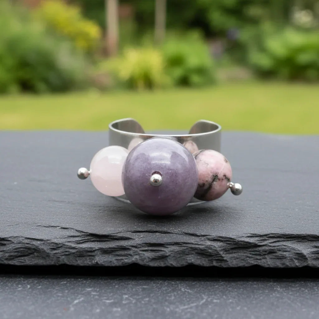 Bague réglable en Agate indienne, Rhodonite et Quartz rose (BAGA3P)