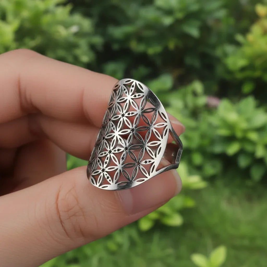 Bague réglable Fleur de Vie en acier inoxydable (BAGFDV)