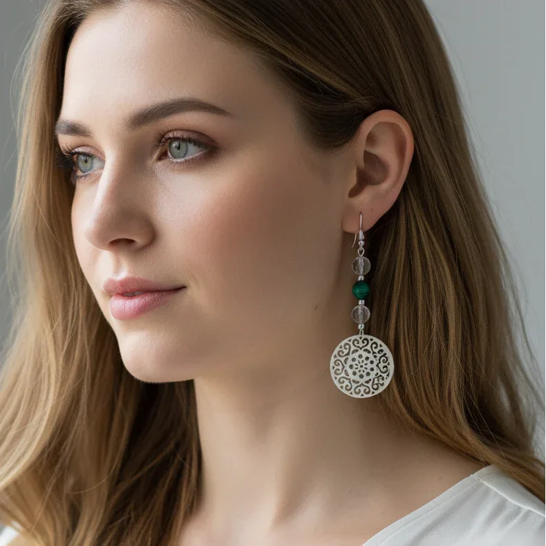 Boucles d'oreilles en perles de Malachite et Cristal de Roche (BO213)
