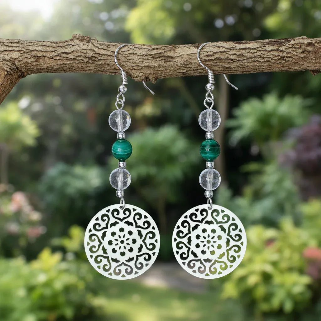 Boucles d'oreilles en perles de Malachite et Cristal de Roche (BO213)