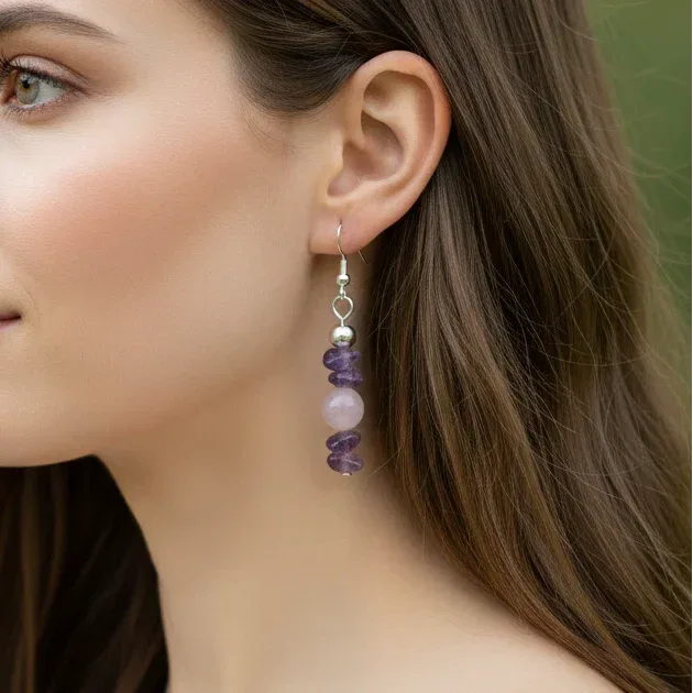 Boucles d'oreilles en Améthyste et Quartz rose (BO230)