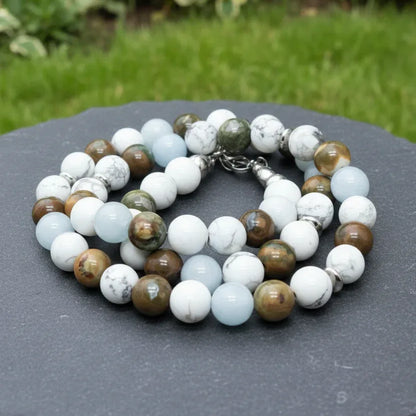 Bracelet triple tour et collier en Howlite, Rhyolite et Aigue-Marine (COLBR23-53)