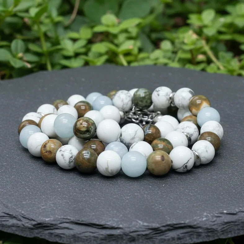 Bracelet triple tour et collier en Howlite, Rhyolite et Aigue-Marine (COLBR23-53)
