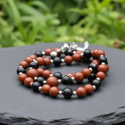 Bracelet triple tour et collier en Jaspe rouge et Hypersthène (COLBR23-55)