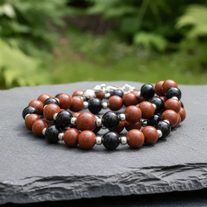 Bracelet triple tour et collier en Jaspe rouge et Hypersthène (COLBR23-55)